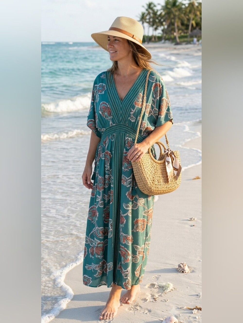 Knox Rose Teal Floral V-Neck Maxi Dress with Tassel Tie